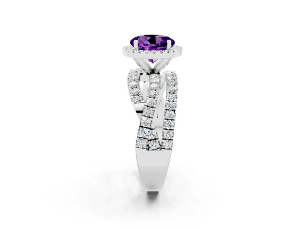 Platinum Round Amethyst Halo Engagement Ring with Twisted Pave Split Shank