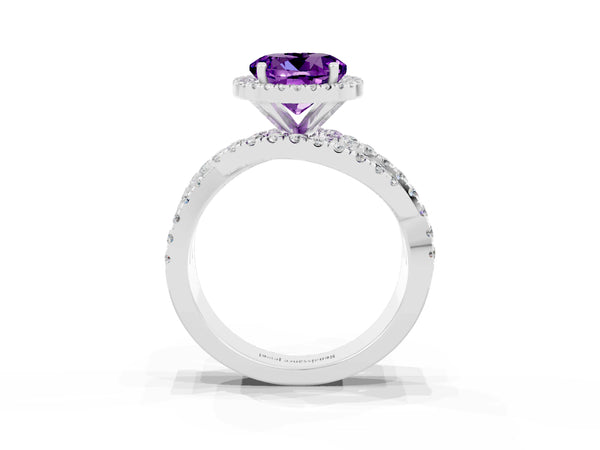 Platinum Round Amethyst Halo Engagement Ring with Twisted Pave Split Shank