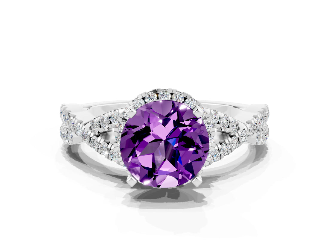 Platinum Round Cut Amethyst  Halo Twist Band Solitaire Prong Setting Ring_12