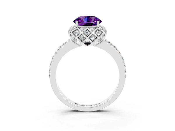Platinum Round Cut Amethyst Scalloped Halo Engagement Ring with Round Shared Prong Band