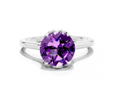 Platinum Round Cut Amethyst Solitaire Ring with Flower Prong Setting and Classic Band