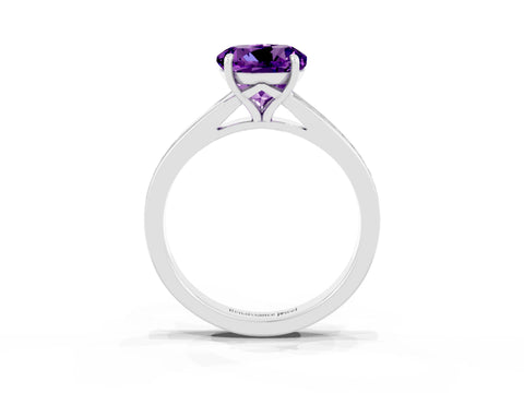 Platinum Round Cut Amethyst Solitaire Ring with Pavé Band and Prong Setting_15