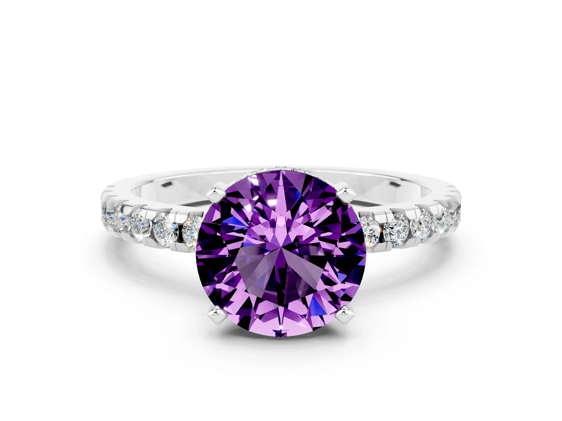 Platinum Round Cut Amethyst Solitaire Ring with Round  Pavé Band and Four-Prong Setting_36