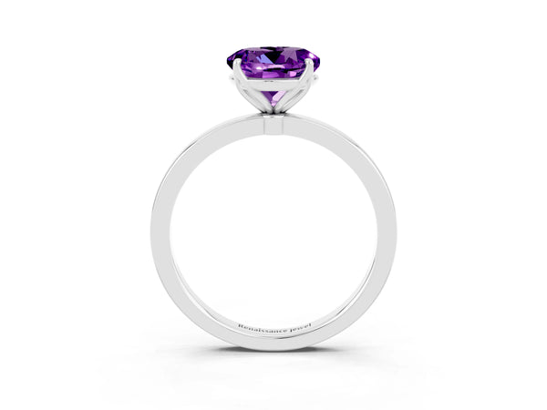 Platinum Round Cut Amethyst Solitaire Ring with Thin Band and Prong Setting