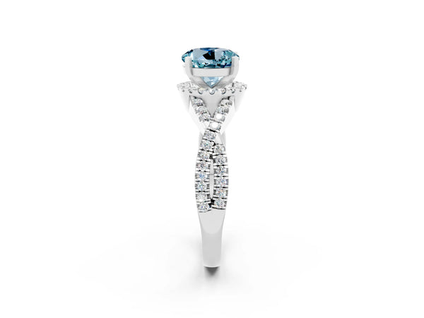 Platinum Round Cut Aquamarine  Halo Twist Band Solitaire Prong Setting Ring