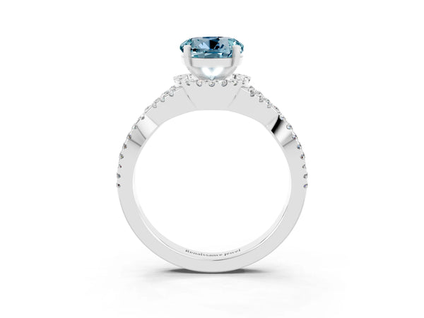 Platinum Round Cut Aquamarine  Halo Twist Band Solitaire Prong Setting Ring