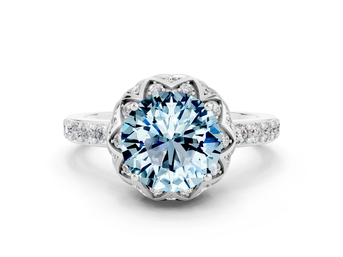 Platinum Round Cut Aquamarine Scalloped Halo Engagement Ring with Round Shared Prong Band_30