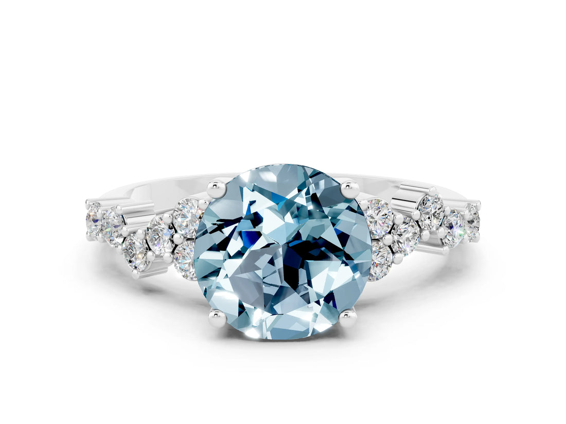 Platinum Round Cut Aquamarine Scattered Round Accent Ring with Prong Setting_108