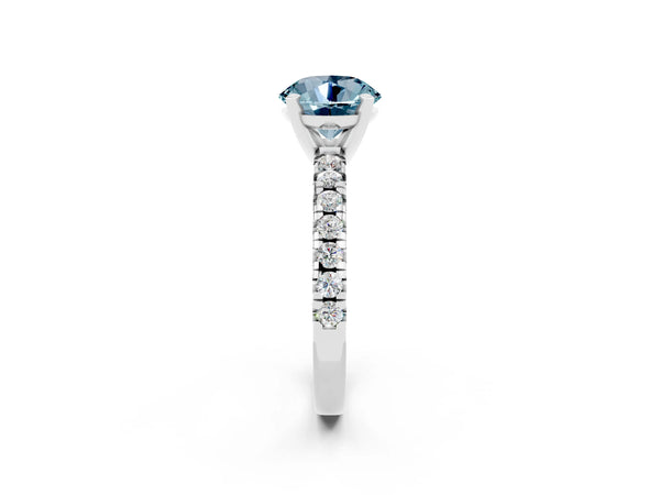 Platinum Round Cut Aquamarine Solitaire Pavé Engagement Ring with Round Band and Prong Setting