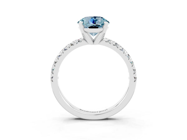 Platinum Round Cut Aquamarine Solitaire Pavé Engagement Ring with Round Band and Prong Setting