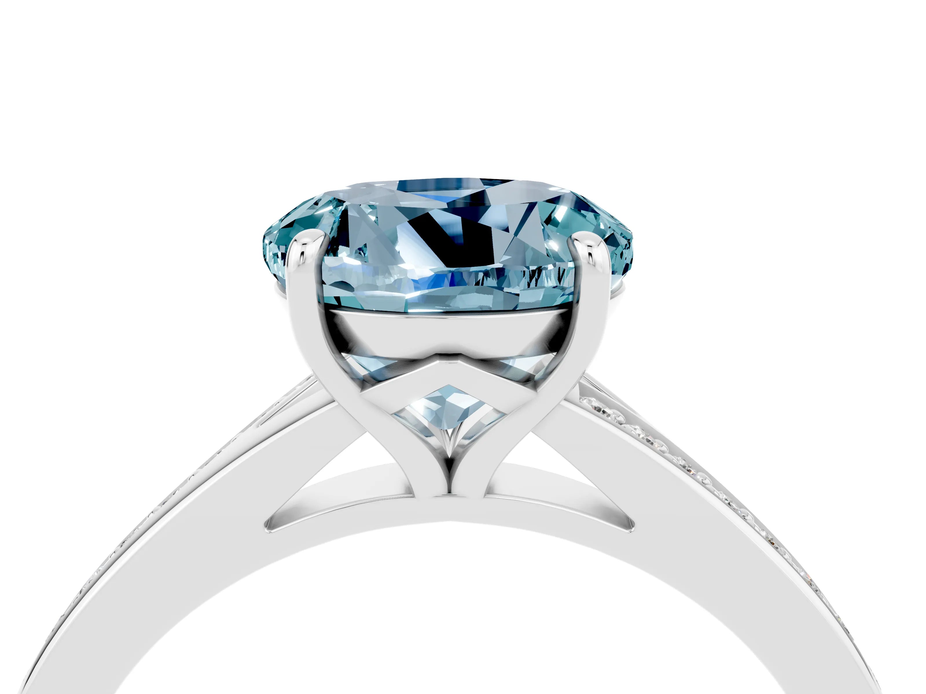 Platinum Round Cut Aquamarine Solitaire Ring with Pavé Band and Prong Setting_16