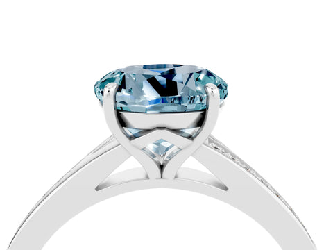 Platinum Round Cut Aquamarine Solitaire Ring with Pavé Band and Prong Setting_16