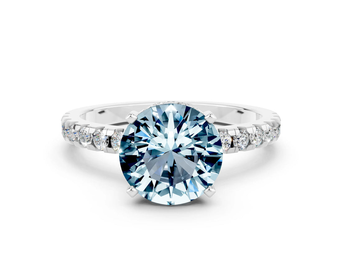 Platinum Round Cut Aquamarine Solitaire Ring with Round  Pavé Band and Four-Prong Setting_36