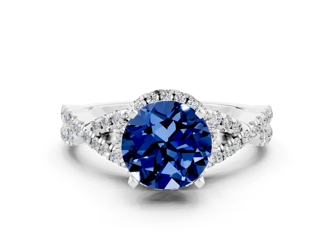 Platinum Round Cut Blue Sapphire  Halo Twist Band Solitaire Prong Setting Ring_12