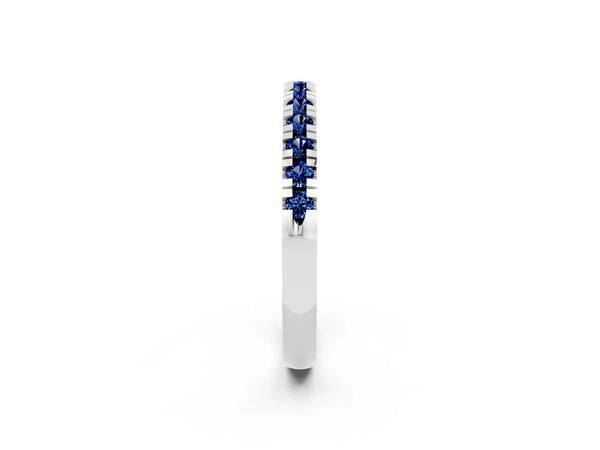 Platinum Round Lab-Grown Blue Sapphire Thin Pave Half Eternity Wedding Band