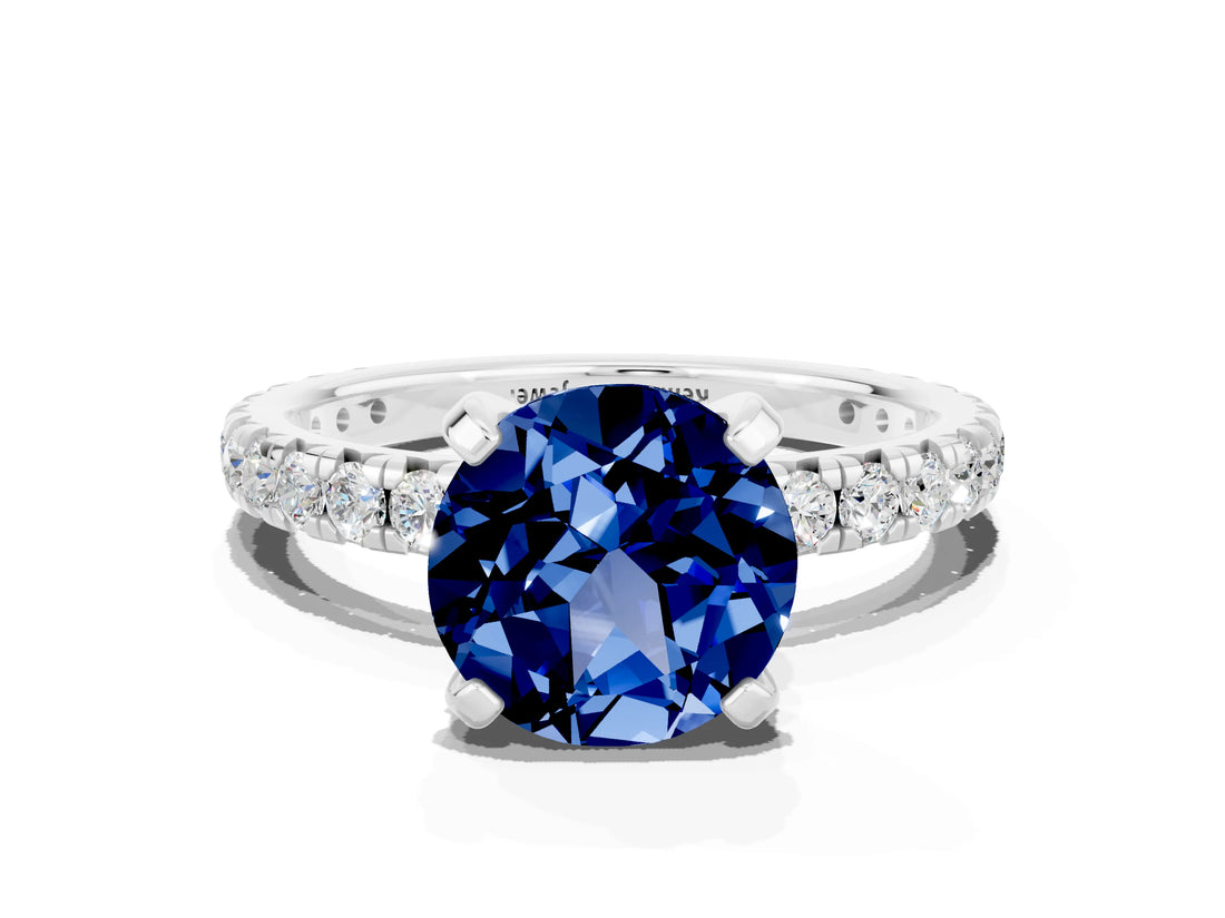 Platinum Round Cut Blue Sapphire Pavé Solitaire Ring with Round Band and Prong Setting_42
