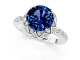 Platinum Round Cut Blue Sapphire Scalloped Halo Engagement Ring with Round Shared Prong Band_31