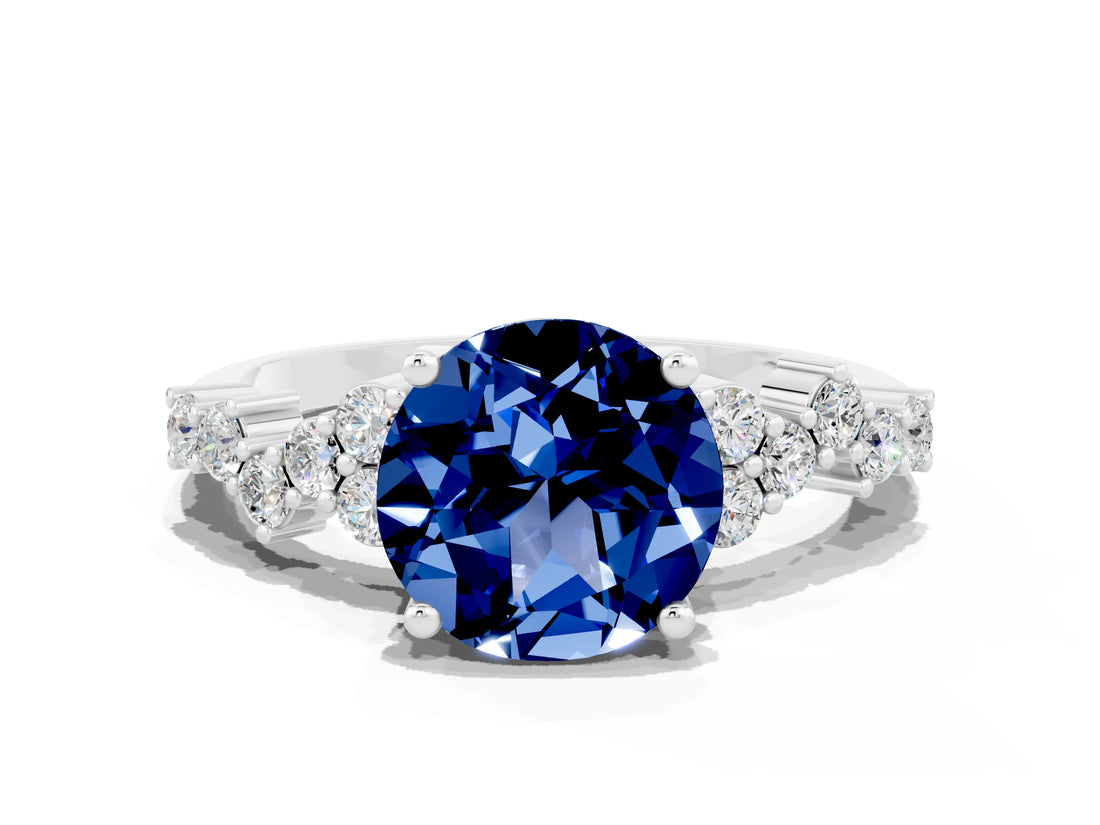 Platinum Round Cut Blue Sapphire Scattered Round Accent Ring with Prong Setting_84