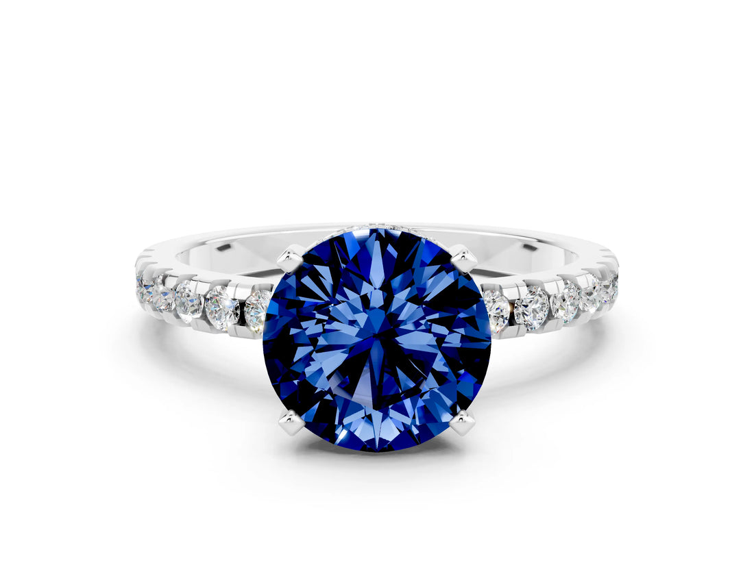 Platinum Round Cut Blue Sapphire Solitaire Ring with Round  Pavé Band and Four-Prong Setting_36