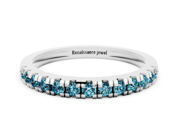Platinum Round Blue Topaz Thin Pave Half Eternity Wedding Band