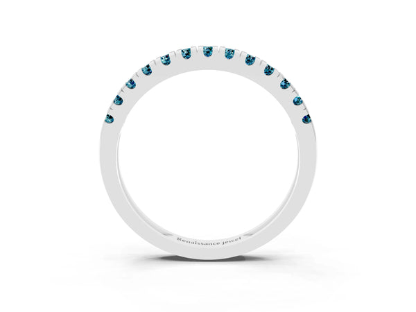 Platinum Round Blue Topaz Thin Pave Half Eternity Wedding Band