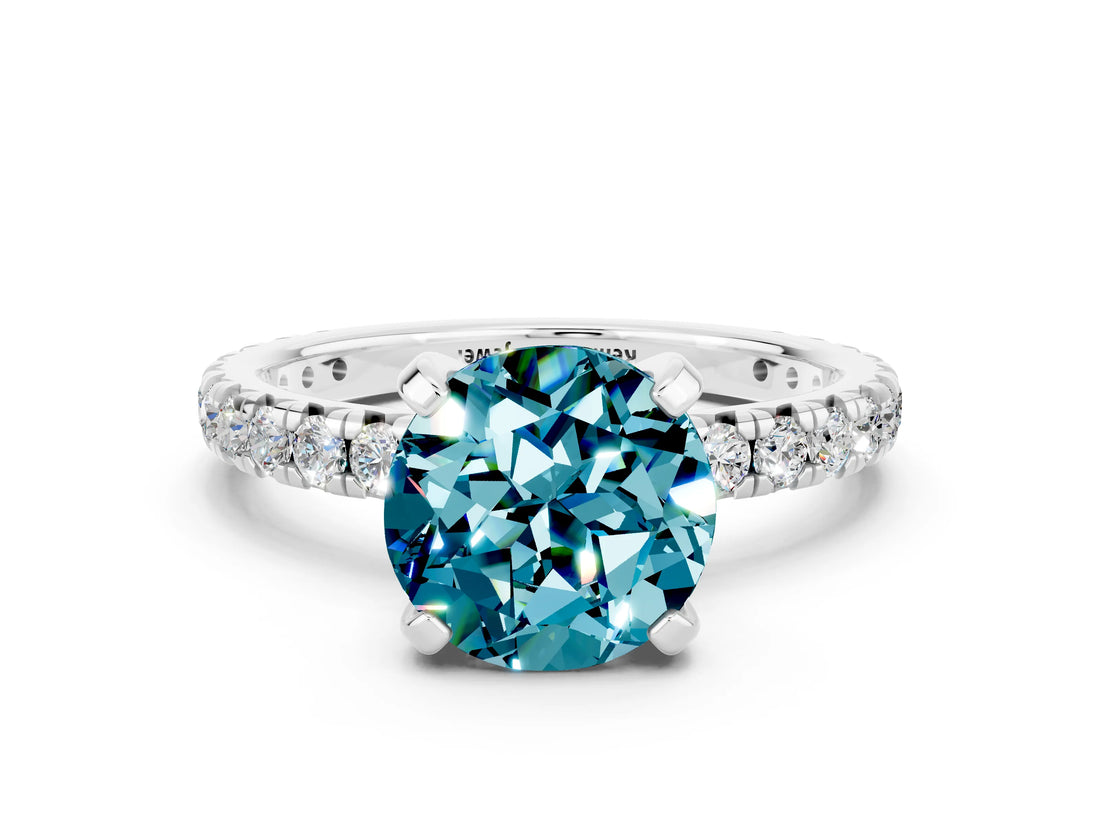 Platinum Round Cut Blue Topaz Pavé Solitaire Ring with Round Band and Prong Setting_42