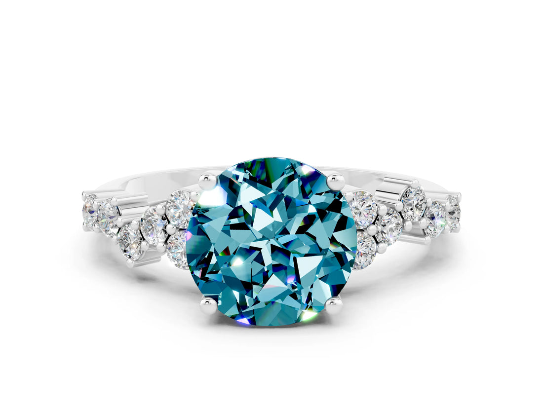 Platinum Round Cut Blue Topaz Scattered Round Accent Ring with Prong Setting_30