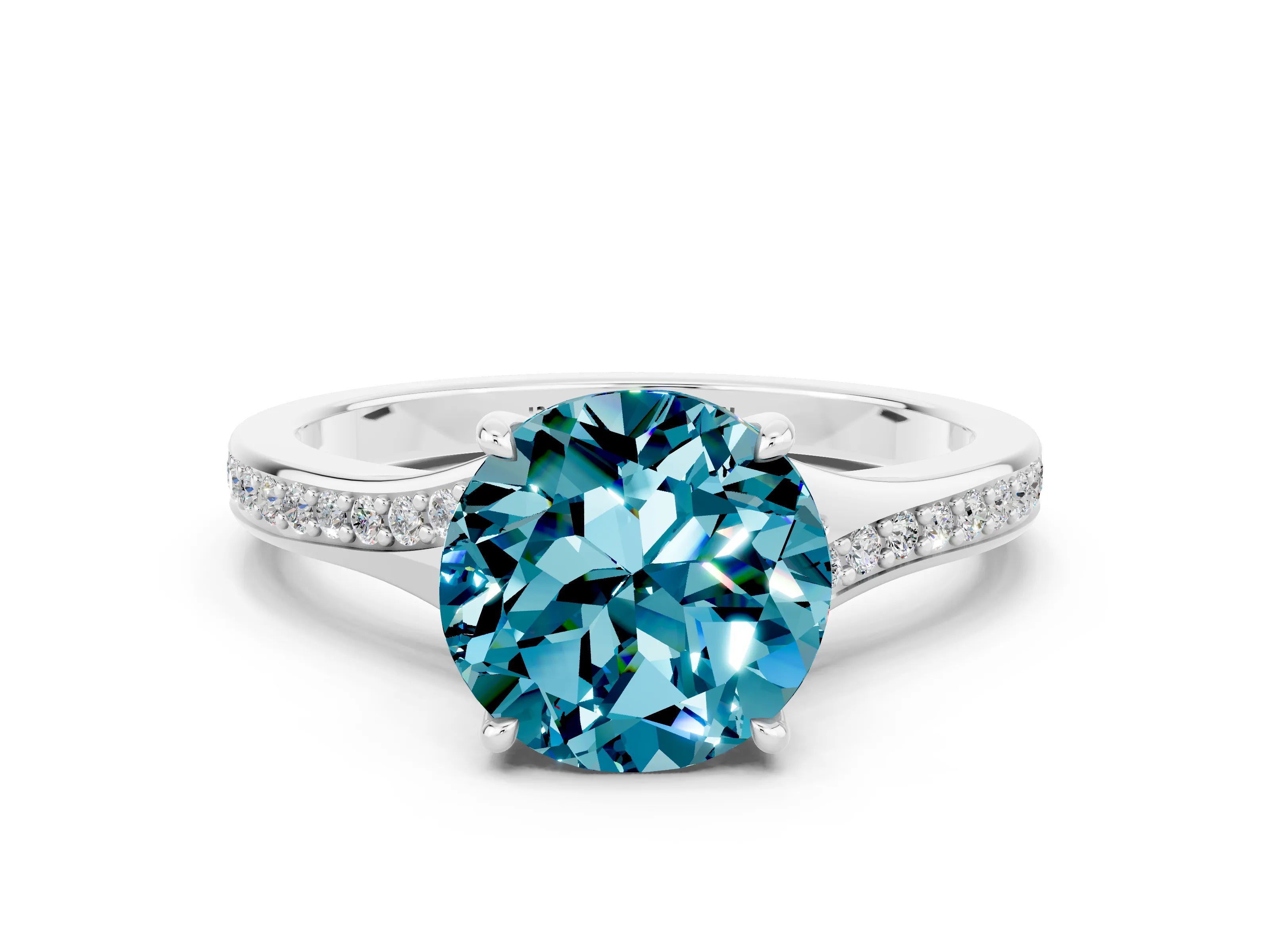 Platinum Round Cut Blue Topaz Solitaire Ring with Pavé Band and Prong Setting_12