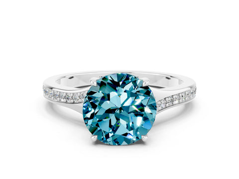 Platinum Round Cut Blue Topaz Solitaire Ring with Pavé Band and Prong Setting_12