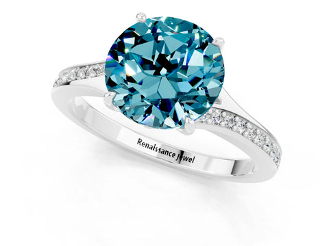 Platinum Round Cut Blue Topaz Solitaire Ring with Pavé Band and Prong Setting_13