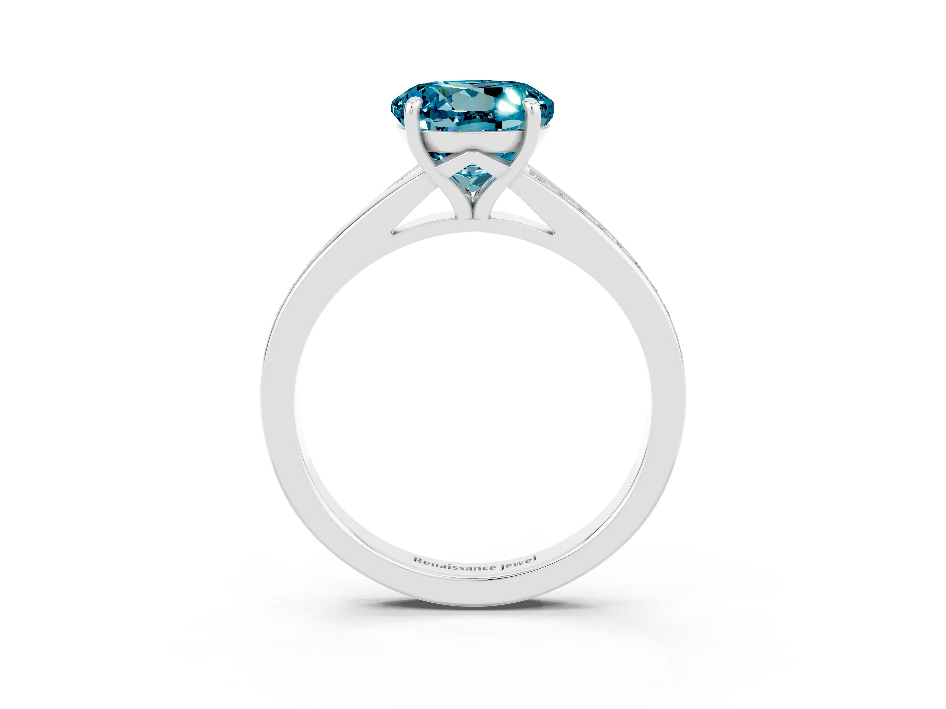 Platinum Round Cut Blue Topaz Solitaire Ring with Pavé Band and Prong Setting_15