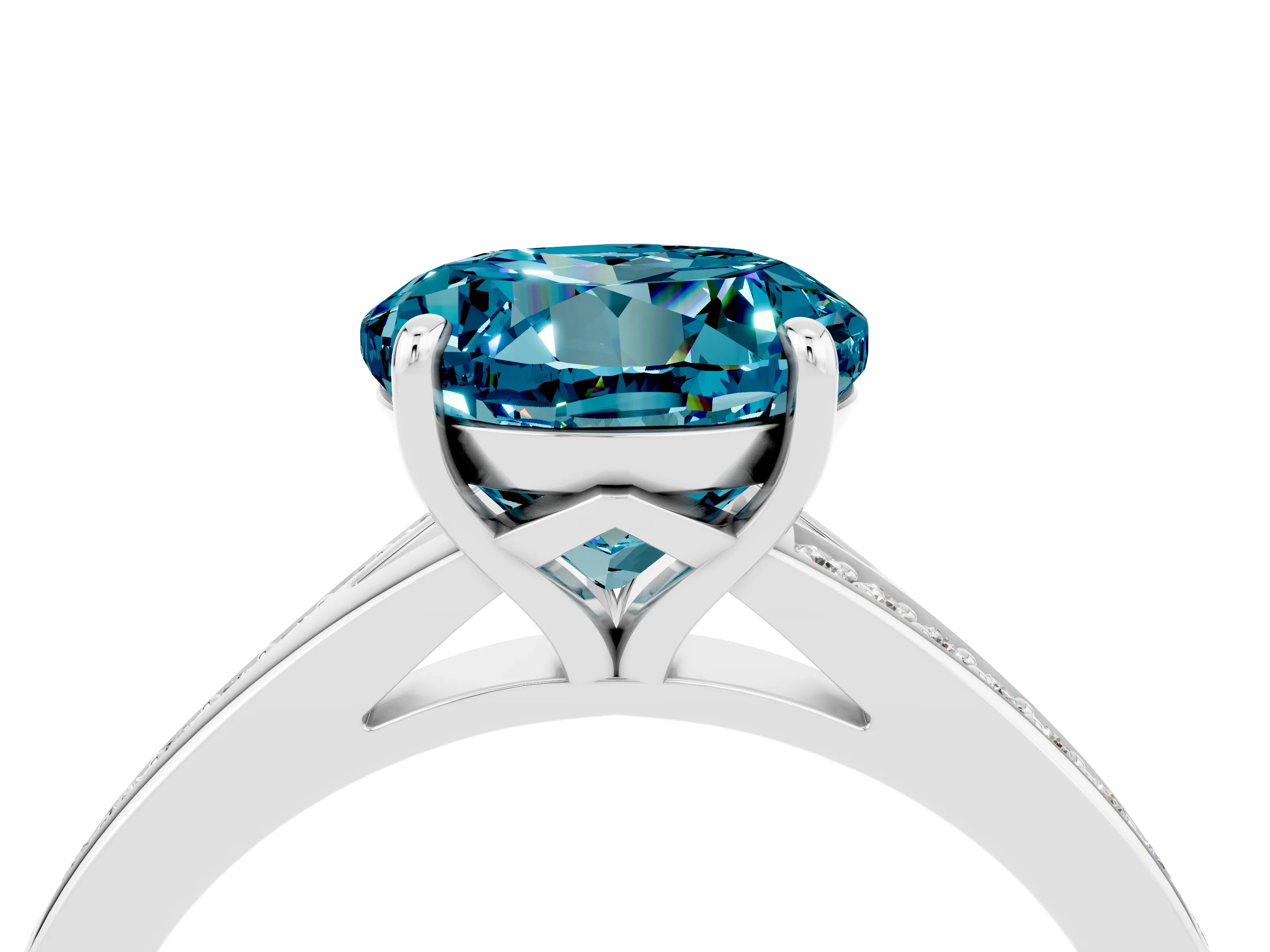 Platinum Round Cut Blue Topaz Solitaire Ring with Pavé Band and Prong Setting_16