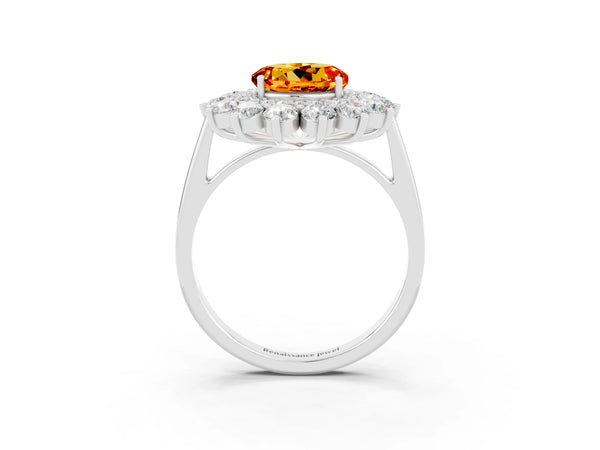 Platinum Round Cut Citrine Floral Double Halo Engagement Ring with Prong Setting