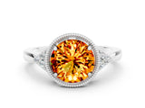 Platinum Round Cut Citrine Halo Ring with Tapered Band and Four-Prong Setting_34