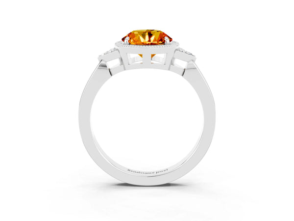 Platinum Round Citrine Vintage Milgrain Frame Engagement Ring with Trio Cluster Shoulder Accents