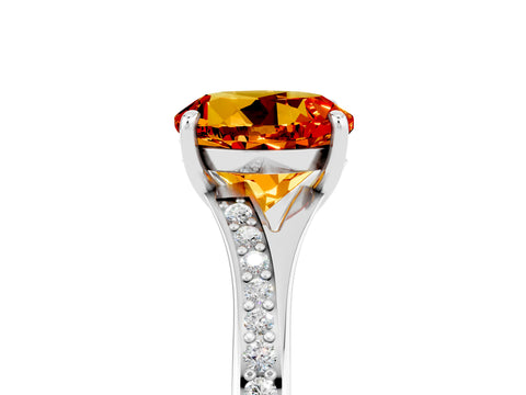 Platinum Round Cut Citrine Solitaire Ring with Pavé Band and Prong Setting_17