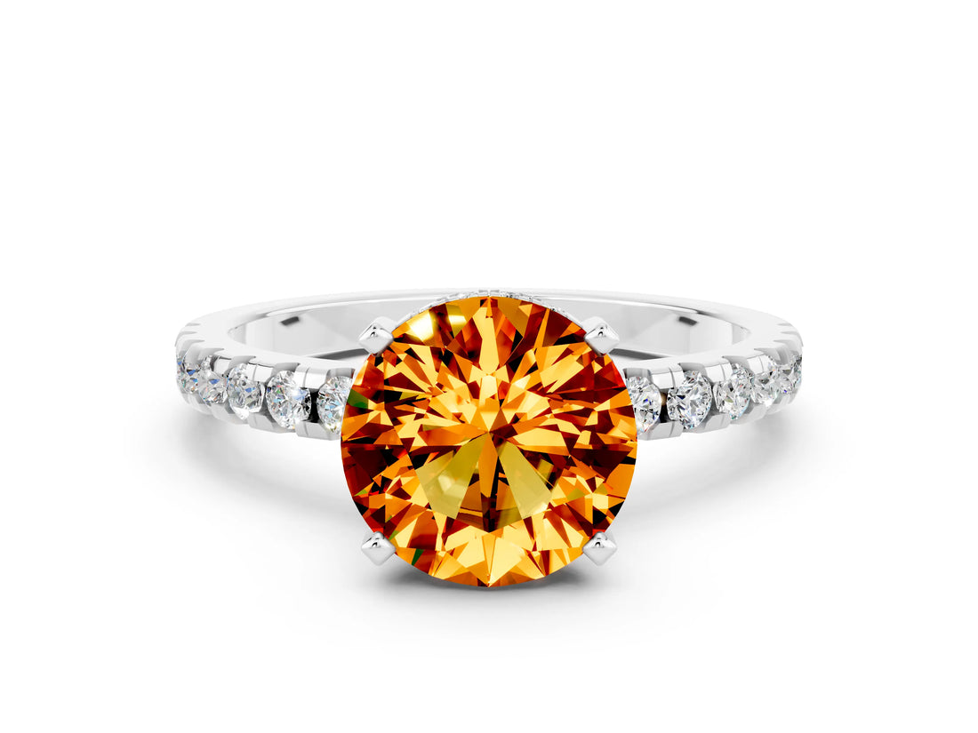 Platinum Round Cut Citrine Solitaire Ring with Round  Pavé Band and Four-Prong Setting_24