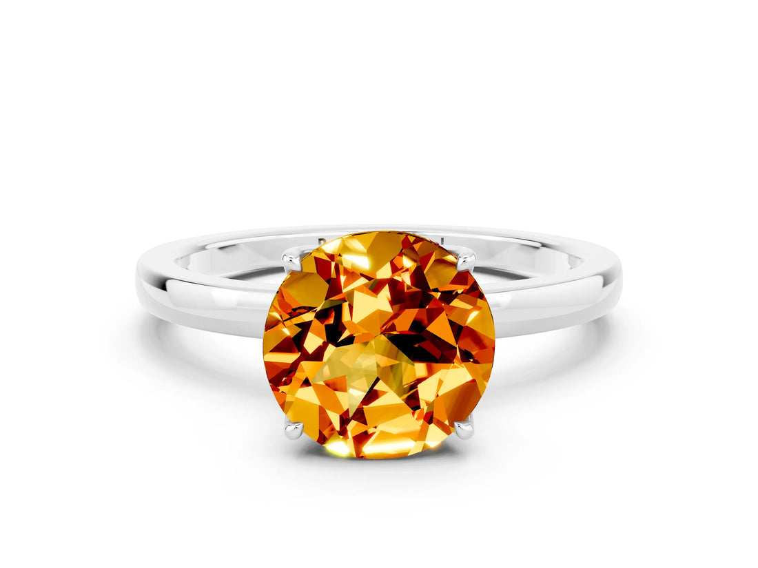 Platinum Round Cut Citrine Solitaire Ring with Thin Band and Prong Setting_42