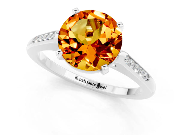 Platinum Round Cut Citrine Solitaire Ring with Channel Set Round Band and Prong Setting