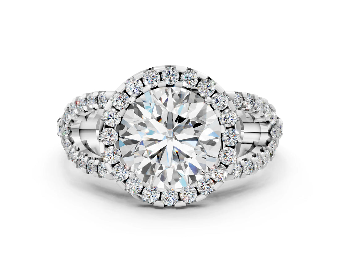 Platinum Round Cut Cut Diamond Halo Engagement Ring with Open Split Pavé Band_13