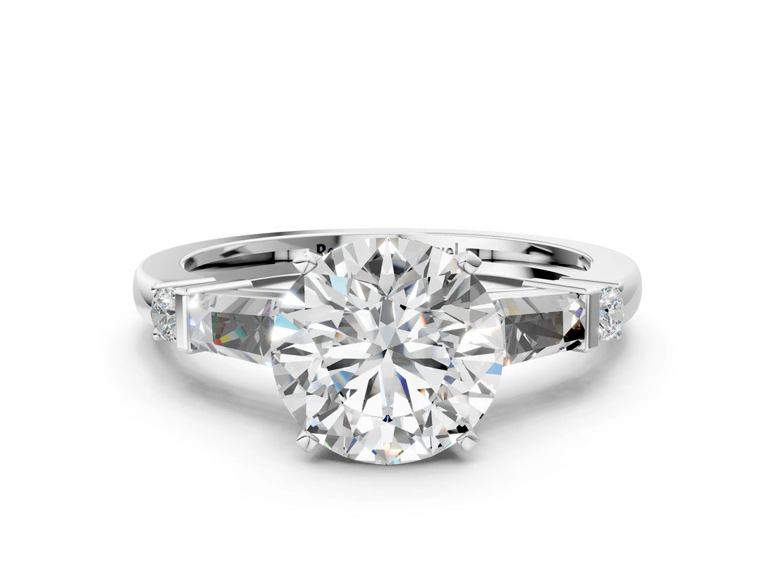 Platinum Round Cut Diamond Ring with Baguette Side Stones, Channel Set Band, and Four-Prong Setting_25