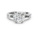 Platinum Round Cut Diamond Ring with Baguette Side Stones, Channel Set Band, and Four-Prong Setting_25