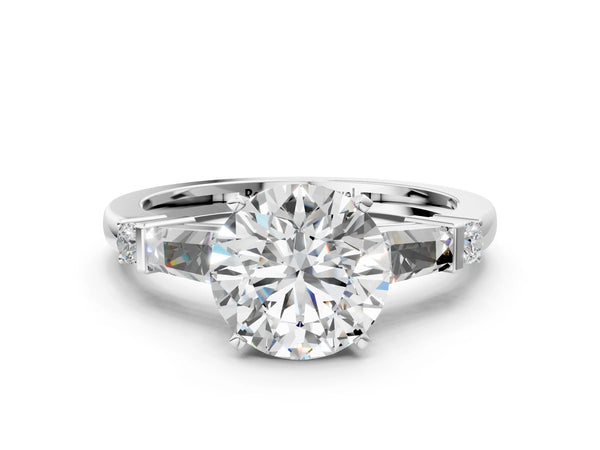 Platinum Round Three Stone Engagement Ring Setting with Bar Set Tapered Baguettes