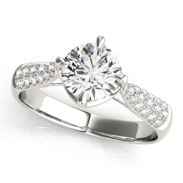 Platinum Round Cut Diamond Solitaire Ring with Pavé-Set Shoulders and Four-Prong Setting