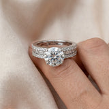14K White Gold 1.01 Carat E VS1 Round Diamond Solitaire Ring with Pavé and Channel Set Band