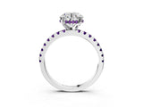Platinum Round Cut Diamond Solitaire Ring with Round with Amethyst side stone Pavé Band and Four-Prong Setting_15
