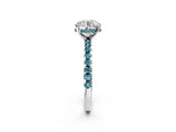 Platinum Round Cut Diamond Solitaire Ring with Round with Blue Topaz side stone Pavé Band and Four-Prong Setting_14