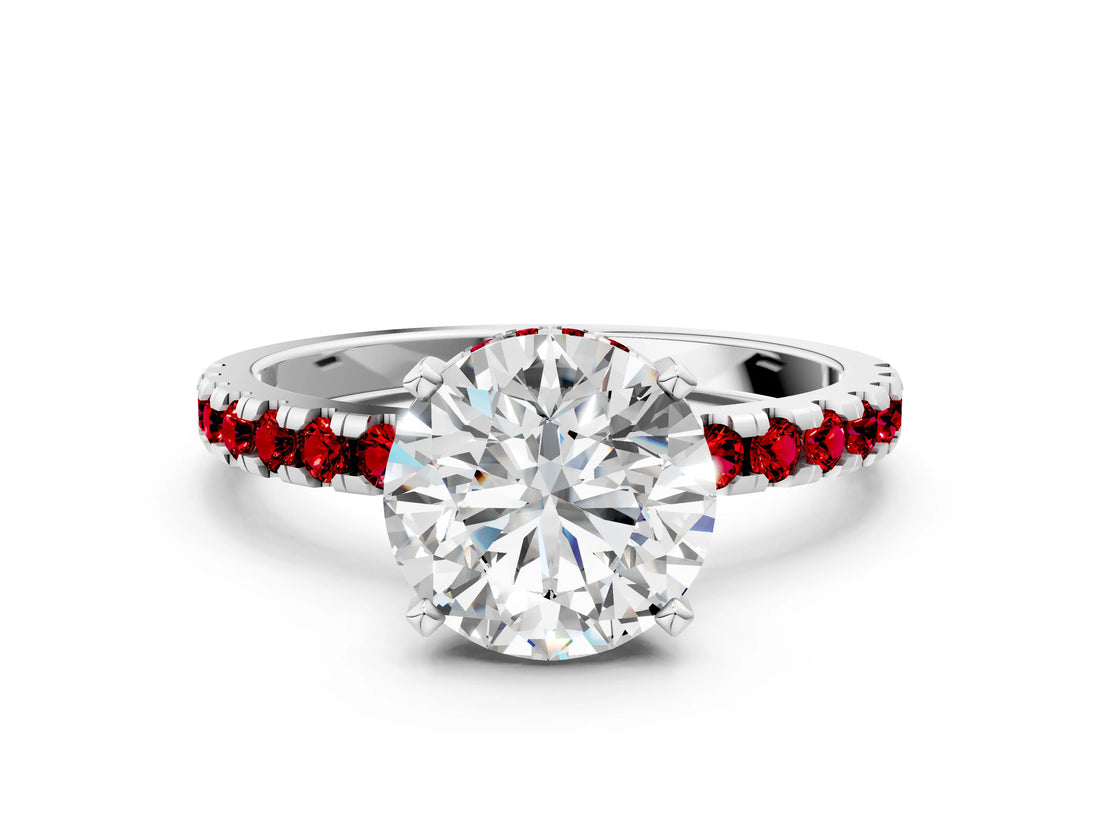 Platinum Round Cut Diamond Solitaire Ring with Round with Ruby side stone Pavé Band and Four-Prong Setting_12