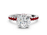 Platinum Round Cut Diamond Solitaire Ring with Round with Ruby side stone Pavé Band and Four-Prong Setting_12