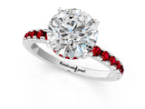 Platinum Round Cut Diamond Solitaire Ring with Round with Ruby side stone Pavé Band and Four-Prong Setting_13